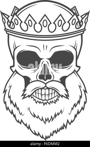Cranio barbuto re con corona disegno vettoriale. Vintage Royal old man illustrazione. Stile medievale Illustrazione Vettoriale