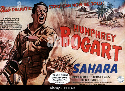 Data di rilascio: 11 novembre 1943. Il titolo del filmato: Sahara. STUDIO: Columbia Pictures Corporation. Trama: girato durante la II Guerra Mondiale, questo film è stato destinato per essere un pezzo di propaganda per il governo degli Stati Uniti. Seargant Joe Gunn (Bogart) conduce un abbandonato il gruppo serbatoio dopo la caduta di Tobruk in Nord Africa. I serbatoi preleva inglesi, francesi, Sud Africani e soldati sudanesi lungo la strada, diventando un microcosmo delle truppe alleate. Il gruppo lavora insieme per sconfiggere un molto più grande forza tedesca che vuole la stessa acqua bene che essi hanno. Il film ritrae tutte le immagini che gli Stati Uniti considera impor Foto Stock