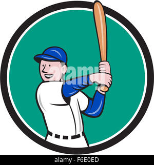 Illustrazione di un american giocatore di baseball della pastella hitter con bat batting posizione osservata dal lato in cerchio interno realizzato in stile cartoon isolato su sfondo. Foto Stock