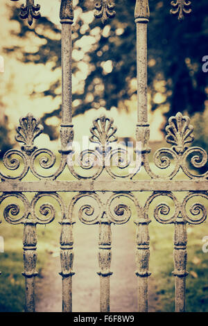 Vecchio ferro battuto la chiesa porta in grande Tew, Oxfordshire, Inghilterra. Vintage filtro applicato Foto Stock