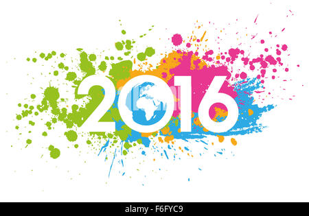 Anno Nuovo 2016 data sulla colorata macchie di vernice con la mappa del mondo Foto Stock
