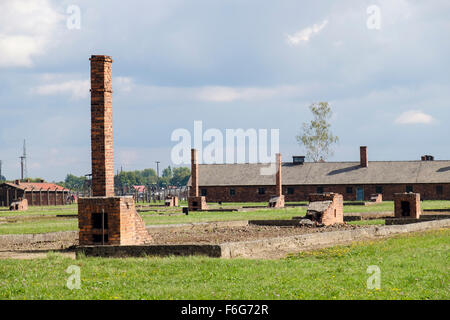Ciminiere in laterizio tutto ciò che rimane del prigioniero in rovina le caserme in Auschwitz II-Birkenau tedesco campo di concentramento nazista in Polonia Foto Stock