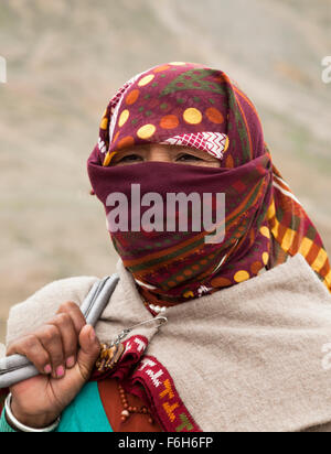 Donna indiana road lavoratore in abito tradizionale dalla regione himalayana di Himachal Pradesh Foto Stock