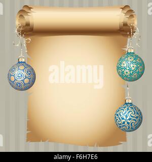 Scorrere medievale carta e diversi vintage design oro palle di Natale sul nastro luminoso. Vector Anno Nuovo biglietto di auguri Illustrazione Vettoriale