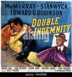 1944, il titolo del film: DOPPIA INDENNITA, Direttore: Billy Wilder, Studio: Paramount, nella foto: criminalità, inganno, film noir, FRED MacMURRAY, omicidio (per il profitto), Robinson Edward G, BARBARA STANWYCK, Billy Wilder, donne (male/media/pericolosa), le donne (due-TIMER). (Credito Immagine: SNAP) Foto Stock