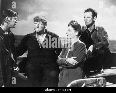 1944, il titolo del film: scialuppa di salvataggio, Direttore: Alfred Hitchcock, Studio: volpe, nella foto: TALLULAH BANKHEAD, Hume Cronyn, Alfred Hitchcock, JOHN HODIAK. (Credito Immagine: SNAP) Foto Stock