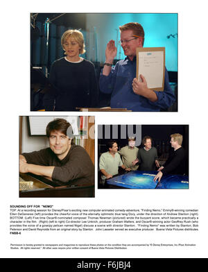 Maggio 18, 2003; Hollywood, CA, Stati Uniti d'America; (top) ELLEN GEGENERES come la voce di Dory con il regista Andrew Stanton, (in basso a sinistra) Il compositore Thomas Newman, e (in basso a destra) Direttore Lee Unkrich, produttore GRAHAM WALTERS, GEOFFREY RUSH come voce di Nigel, e Direttore Andrew Stanton dalla famiglia avventura animata ''Finding Nemo" diretto da Andrew Stanton e Lee Unkrich. Foto Stock