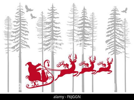 Babbo Natale con la sua renna nel bosco di abeti, illustrazione vettoriale Foto Stock