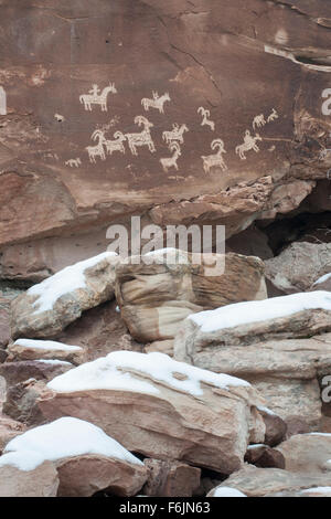 Un petroglyph raffiguranti i quattro cavalieri a cavallo, cani e un allevamento di pecore bighorn. Foto Stock