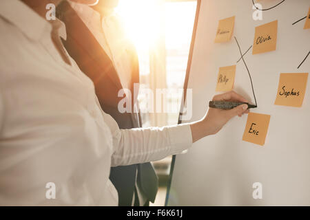 Ritagliato colpo di uomini di affari che l'esecuzione di coppie di dipendenti per rendere efficiente il team di vendita. Donna associazione sticky notes su whitebo Foto Stock