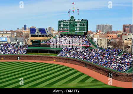 Uno sguardo alla superficie di gioco a iconico Wrigley Field di Chicago durante una giornata di gioco in 2014. Chicago, Illinois, Stati Uniti d'America. Foto Stock