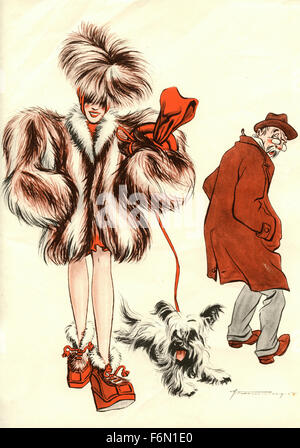 Tedesco illustrazioni satirico 1950: una donna con un cane Foto Stock