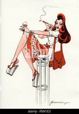 Tedesco illustrazioni satirico 1950: una donna con vetro e sigaretta Foto Stock