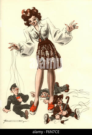 Tedesco illustrazioni satirico 1950: una donna con tre marionette Foto Stock