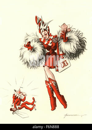 Tedesco illustrazioni satirico 1950: una donna con un Elfo Foto Stock
