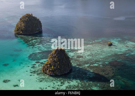 Isole calcaree circondata da una barriera corallina in una parte remota di Raja Ampat, Indonesia. Questa bellissima regione è noto come egli Foto Stock