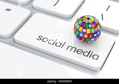Software, social media concetto. Icona colorata sfera pulsanti sulla tastiera del computer Foto Stock