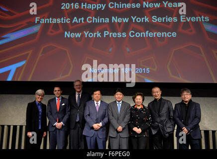 New York, Stati Uniti d'America. Xviii Nov, 2015. Gli ospiti partecipare alla conferenza stampa di 2016 Felice Anno Nuovo Cinese: Fantastica Art Cina New York serie eventi in New York City, Stati Uniti, nov. 18, 2015. © Wang Lei/Xinhua/Alamy Live News Foto Stock