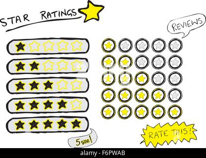 Le classificazioni per stelle da uno a cinque stelle in una mano ruvida bozzetto style Illustrazione Vettoriale