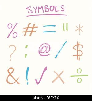 Disegnata a mano i simboli comuni quali equals, tick, croce e, hashtag Illustrazione Vettoriale
