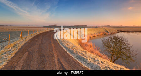 Tipico paesaggio olandese su un gelido mattino all'alba. Questa è una parte della circolare West-Frisian Dyke, una diga sistema che ha b Foto Stock