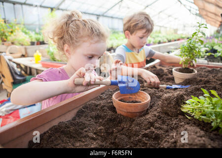 Due bambini in serra piantare piante Foto Stock