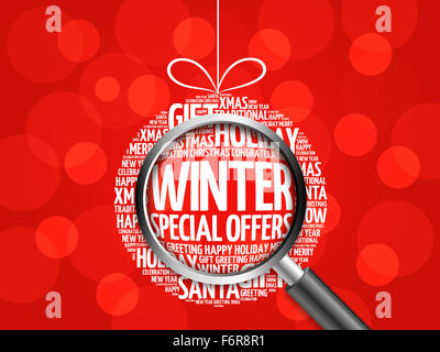 Offerte invernali palla di Natale word cloud, vacanze lettering collage con lente di ingrandimento Foto Stock
