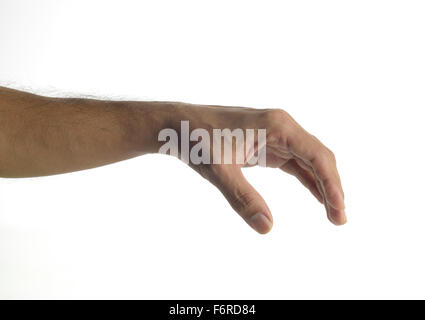 Mano umana con gesto di afferraggio su sfondo bianco Foto Stock