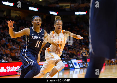 18 novembre 2015: Pagina Teniya #11 della Penn State Lady Lions battaglie Andraya Carter #14 del Tennessee Lady volontari per la posizione durante il NCAA pallacanestro tra la University of Tennessee Lady volontari e Penn State Lady Lions a Thompson Boling Arena a Knoxville TN Tim Gangloff/CSM Foto Stock