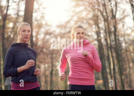 Due attraenti montare le giovani signore jogging insieme attraverso una foresta di autunno in chat come essi corrono attraverso gli alberi, in un healt Foto Stock