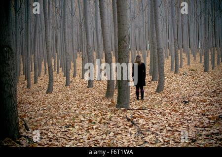 Caucasian woman standing nella foresta di autunno Foto Stock
