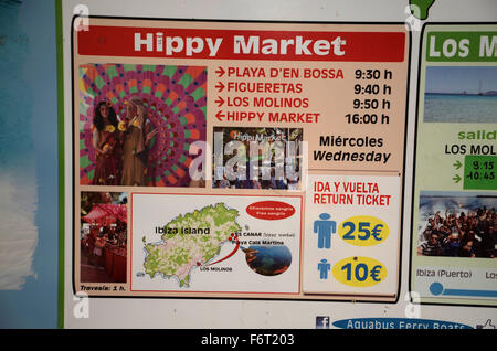 Scheda promo per gite in barca al mercato hippy e spiagge, Ibiza spagna Foto Stock