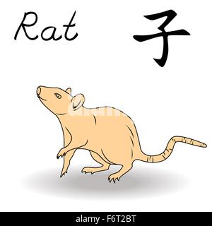 Eastern segno zodiacale di ratto, simbolo del nuovo anno nel calendario cinese, disegnato a mano illustrazioni vettoriali isolato su uno sfondo bianco Illustrazione Vettoriale