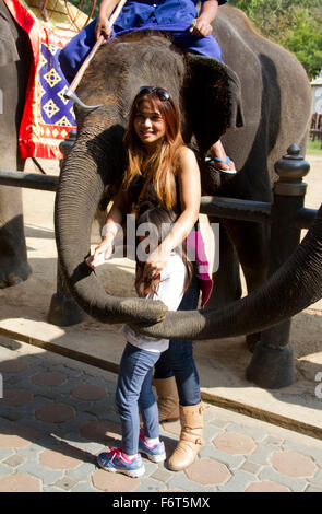 La gente gli elefanti di alimentazione a Samphran Elephant Terra e Zoo di Nakhon Pathom appena al di fuori di Bangkok. Foto Stock