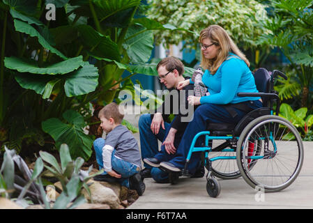 Donna paraplegici e famiglia ammirando le piante Foto Stock