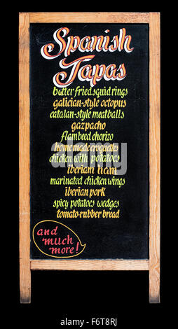 Tapas spagnole blackboard isolato in nero. Foto Stock