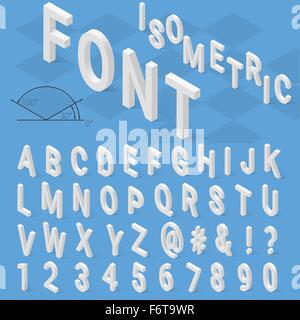 Isometrica alfabeto font con ombra su sfondo blu Illustrazione Vettoriale