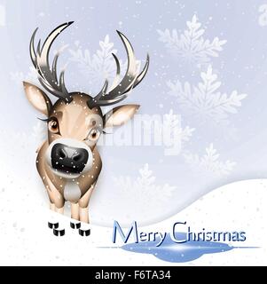 Natale carta blu con graziosi le renne sulla neve Illustrazione Vettoriale