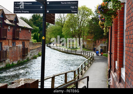 Riverwalk, Fiume Itchen nella città di Winchester. Hampshire. In Inghilterra. Regno Unito Foto Stock