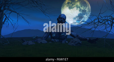 3D render di un pauroso zombie proveniente dal terreno in una notte di luna Foto Stock