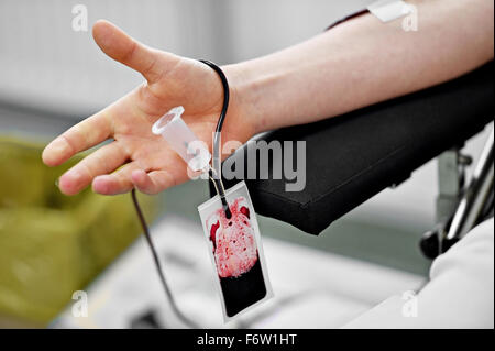 Dettaglio con la mano di un donatore di sangue e una plastica sacca di sangue in un ospedale Foto Stock