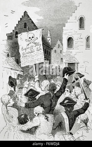 Stati Uniti. New York. Il XVIII secolo. Proteste da parte del Stamp Act 1765 ordinato da parte del parlamento della Gran Bretagna che ha imposto una tassa diretta su tredici colonie di British America. Incisione. La Rivoluzione Americana. Foto Stock