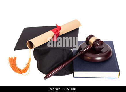 Graduazione Hat con Diploma,Giudice martello e prenota isolato Foto Stock