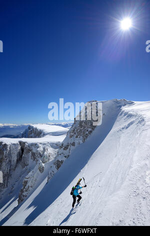 Backcountry femmina sciatore salendo attraverso coperta di neve cirque a Monte Sirente, Maiella gamma in background, Valle Lupara, Abru Foto Stock