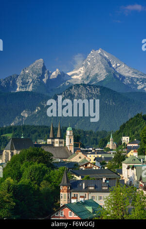 Berchtesgaden con il Watzmann, Berchtesgaden, Berchtesgaden, gamma alta Baviera, Baviera, Germania Foto Stock