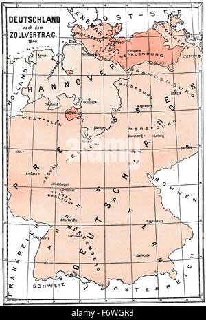 Mappa storica della Germania dopo il trattato doganale del 1840, Foto Stock