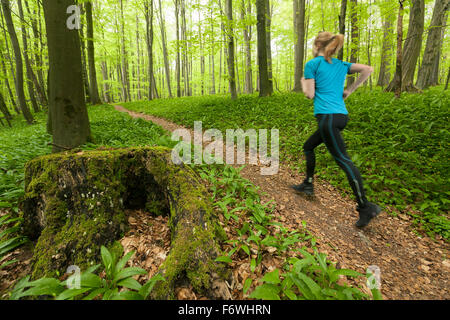 Giovane donna jogging attraverso una foresta di faggio, Parco Nazionale di Hainich, Turingia, Germania Foto Stock