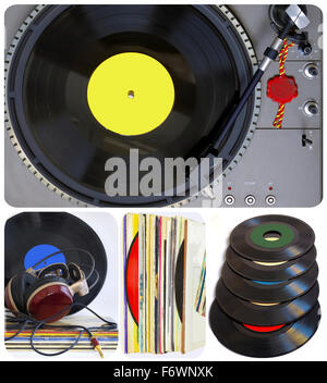 Collage dischi in vinile, cuffie stereo e la piattaforma girevole Foto Stock