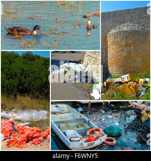 Collage spazzatura e abbandono di rifiuti pericolosi in una strada di campagna e mare Foto Stock