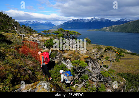 Gli alpinisti crescente a Monte Frances, la Cordillera Darwin, Tierra del Fuego, Cile Foto Stock